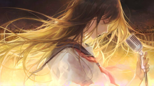 Anime Girl Singing into Vintage Microphone Golden Sunset PC Wallpaper