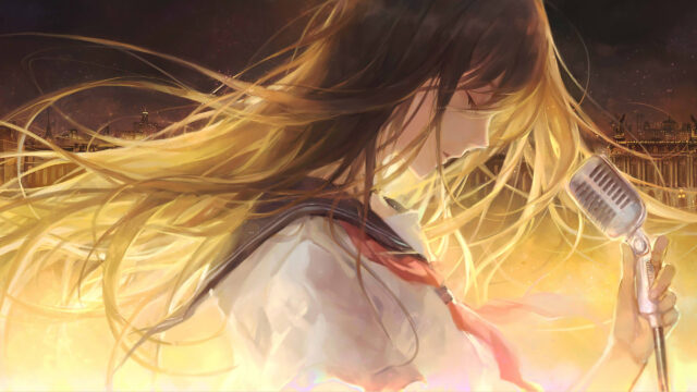 Anime Girl Singing into Vintage Microphone Golden Sunset PC Wallpaper