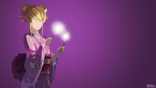 Minimalist Anime Girl with Sparklers in Purple Kimono PC Wallpaper