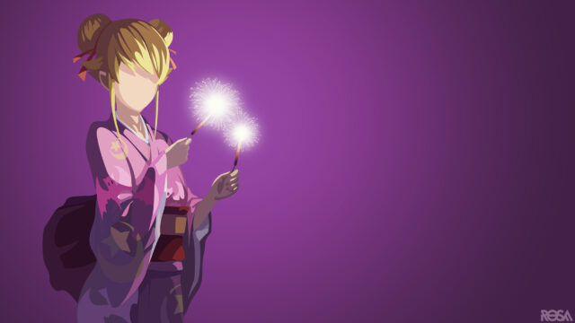 Minimalist Anime Girl with Sparklers in Purple Kimono PC Wallpaper
