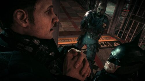 Batman Confronting a GCPD Officer in Gotham City 4K Desktop Wallpaper