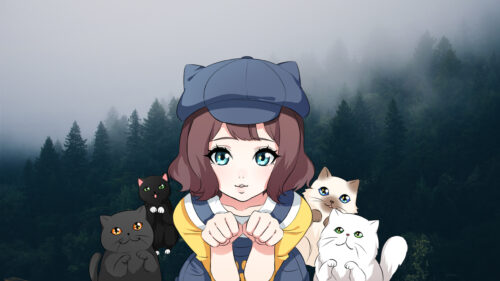 Anime Girl Surrounded by Cute Cats in Foggy Forest Desktop Wallpaper