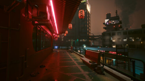 Cyberpunk City Balcony at Night with Red Neon Lights Desktop Wallpaper
