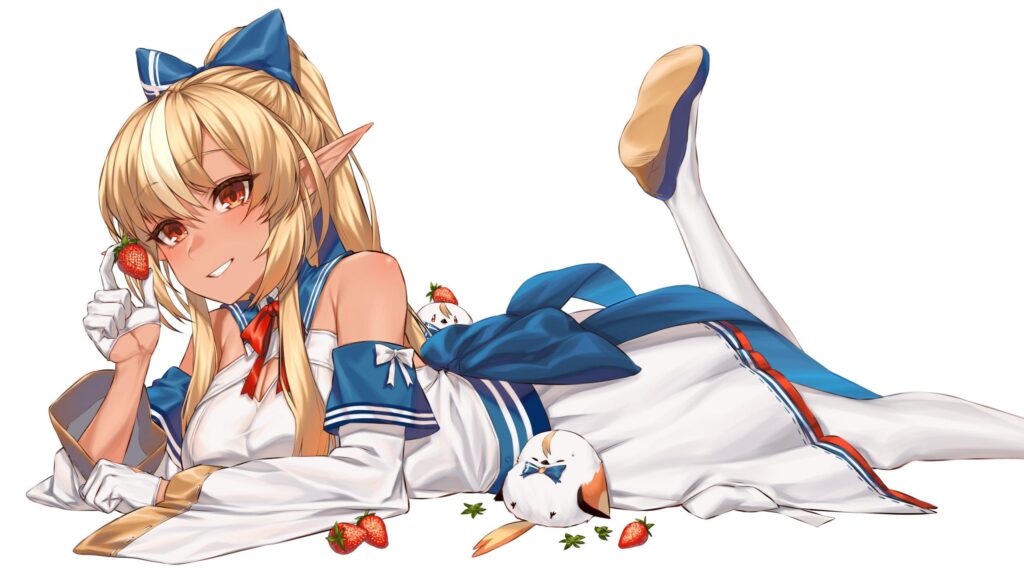 Cute Anime Elf Girl Holding a Strawberry 4K Desktop Wallpaper