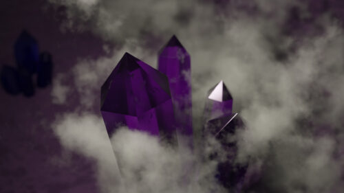 Mystical Purple Amethyst Crystals Surrounded by Ethereal Fog 4K Wallpaper