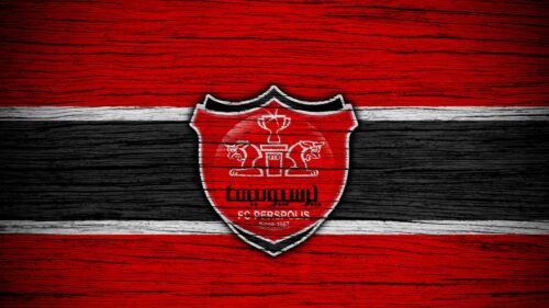 Persepolis FC Logo Red and Black Wood Texture 4K Desktop Wallpaper
