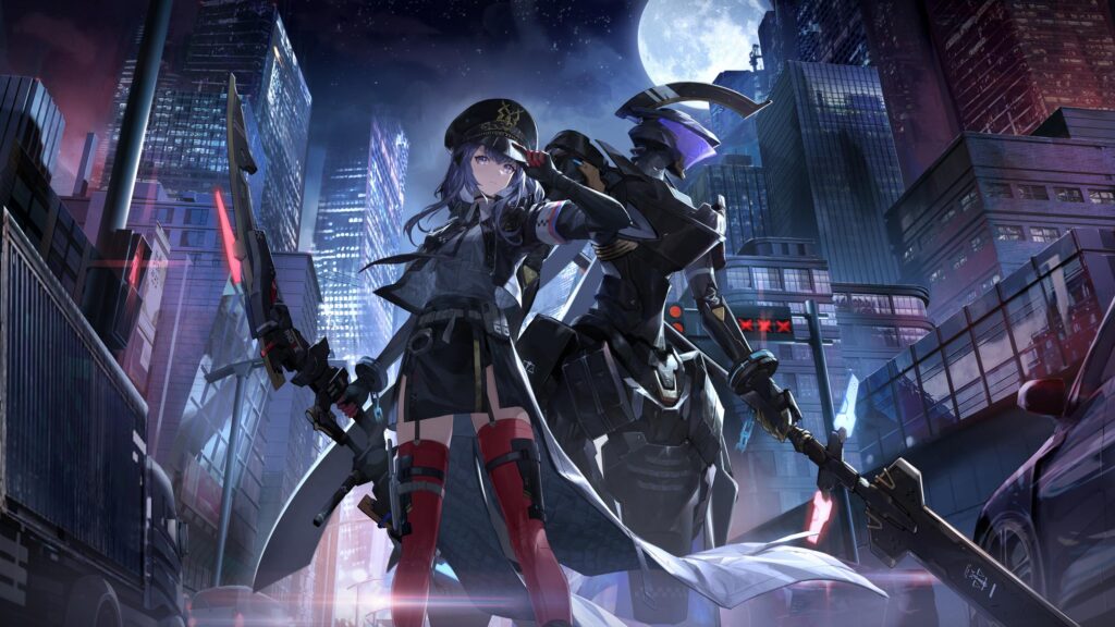 Anime Girl and Mechanical Knight Cyberpunk City 4K Desktop Wallpaper