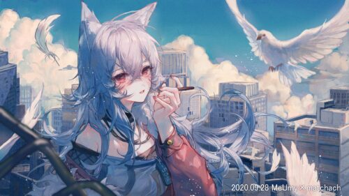 Anime Girl with White Fox Ears and Dove in Urban Cityscape 4K Wallpaper
