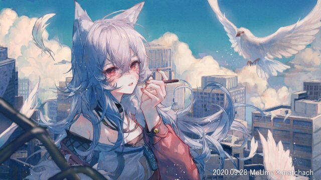 Anime Girl with White Fox Ears and Dove in Urban Cityscape 4K Wallpaper