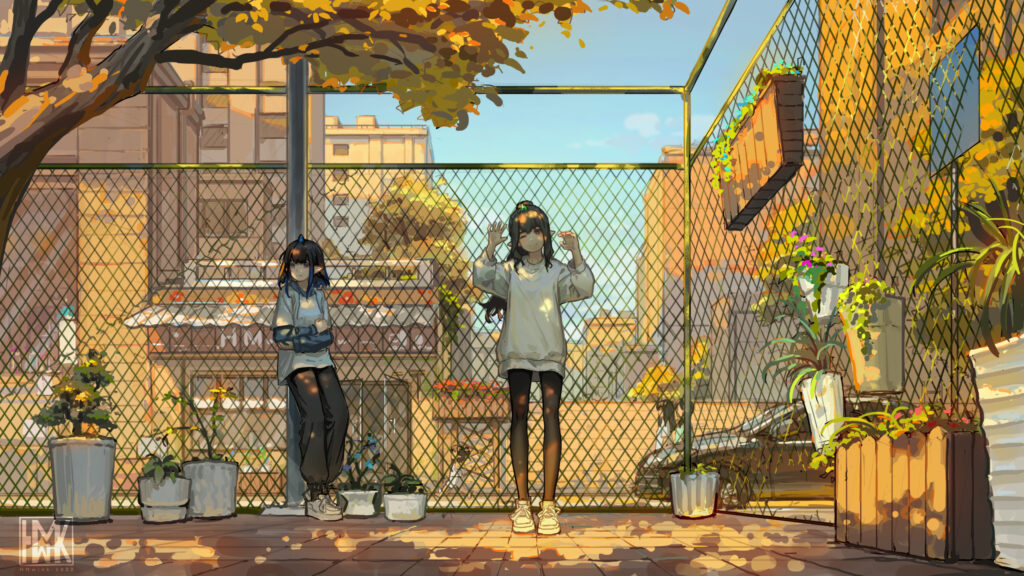 Anime Girls Relaxing by a Chain Link Fence in Golden Autumn Sunlight Desktop Wallpaper
