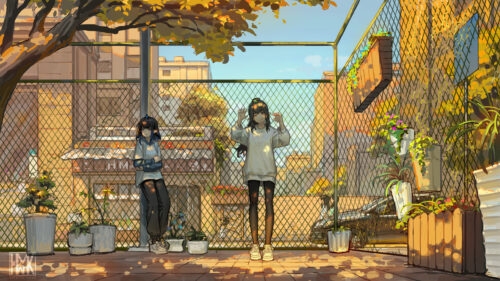 Anime Girls Relaxing by a Chain Link Fence in Golden Autumn Sunlight Desktop Wallpaper