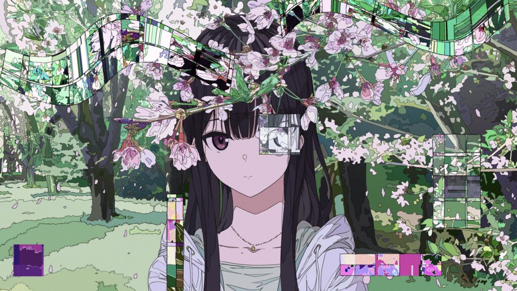 Anime Girl Amidst Cherry Blossoms and Digital Glitch Art 4K Desktop Wallpaper
