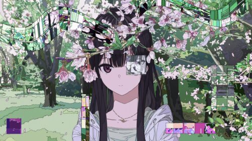 Anime Girl Amidst Cherry Blossoms and Digital Glitch Art 4K Desktop Wallpaper