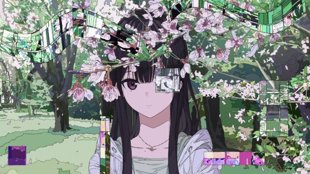 Anime Girl Amidst Cherry Blossoms and Digital Glitch Art 4K Desktop Wallpaper