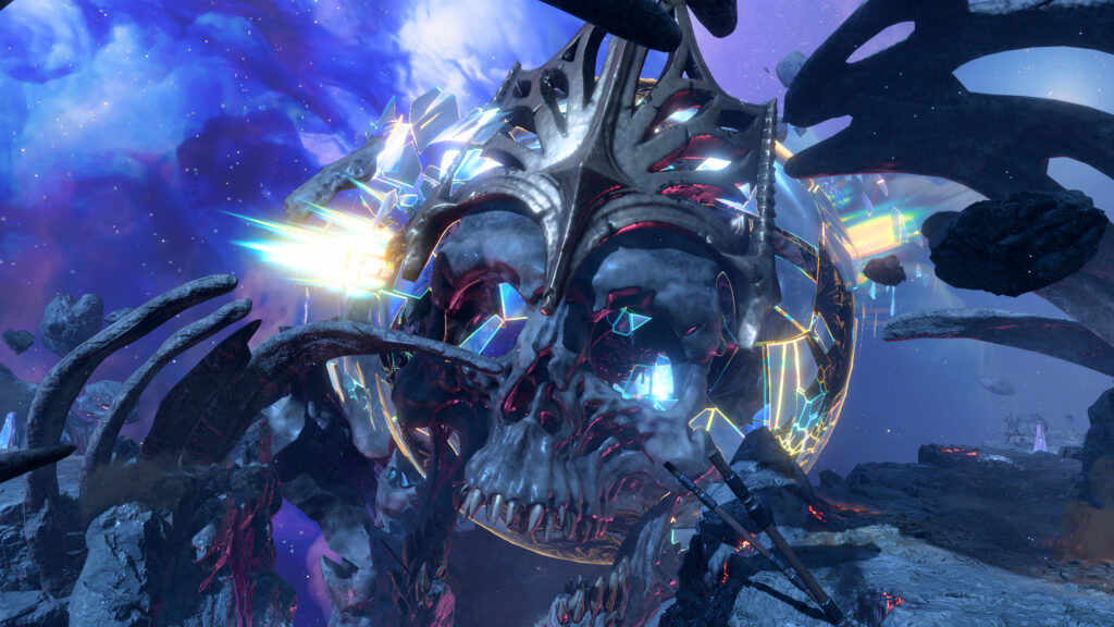 Cosmic Necromancy Giant Skull with Glowing Fractured Orb 4K Desktop Wallpaper