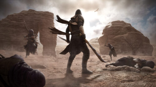 Assassin Standing Amidst Desert Combat High Resolution 4K Desktop Wallpaper