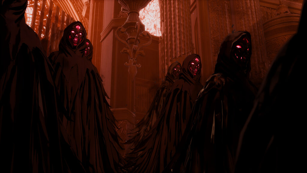 Dark Fantasy hooded spectral entities in a glowing gothic chamber 4K Wallpaper
