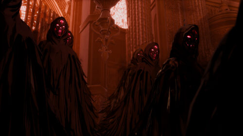 Dark Fantasy hooded spectral entities in a glowing gothic chamber 4K Wallpaper