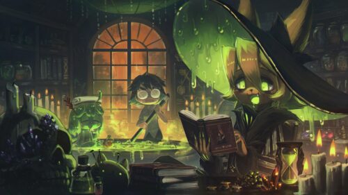 Magical Anime Alchemist Laboratory with Glowing Potions 4K Desktop Wallpaper
