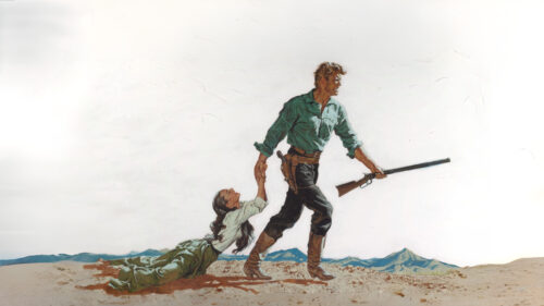 Western Frontier Hero Rescuing Woman in Desert Landscape 4K Desktop Wallpaper
