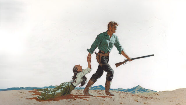 Western Frontier Hero Rescuing Woman in Desert Landscape 4K Desktop Wallpaper