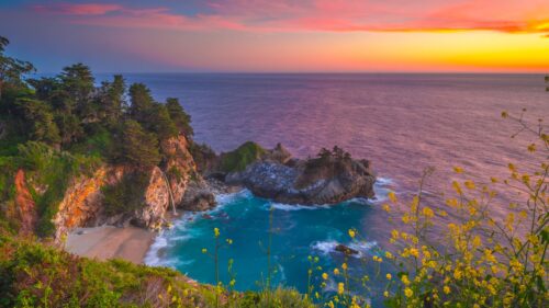 McWay Falls Big Sur Sunset Coastal Scenery High Resolution Desktop Wallpaper