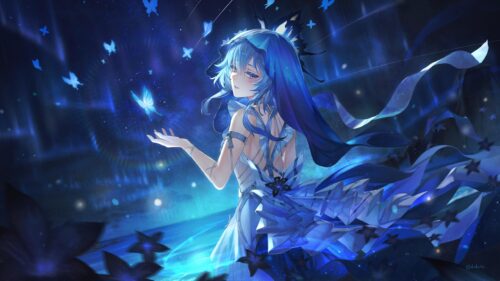 Anime Girl Surrounded by Glowing Blue Butterflies in Night Sky 4K Desktop Wallpaper