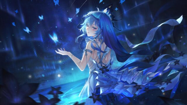 Anime Girl Surrounded by Glowing Blue Butterflies in Night Sky 4K Desktop Wallpaper