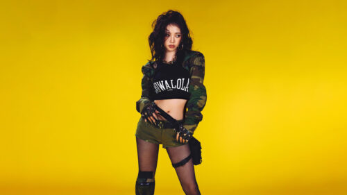 Stunning K-Pop Idol in Camouflage Streetwear Against Yellow Background 4K Wallpaper