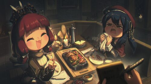 Chibi Anime Girls Having Dinner in a Cozy Tavern PC Wallpaper