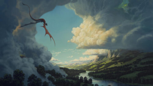 Majestic Red Dragon Flying Over Scenic Green Valley Landscape 4K Wallpaper