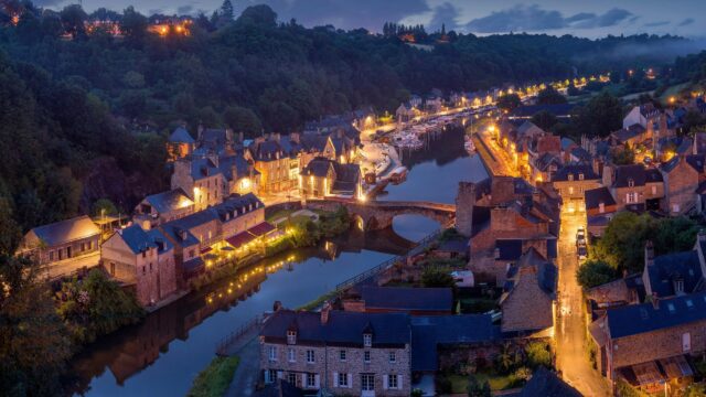 Stunning French Riverside Village at Twilight Scenic Desktop Wallpaper