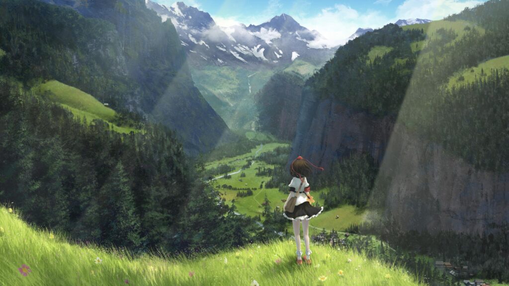 Anime Girl Overlooking a Lush Alpine Valley 4K Desktop Wallpaper