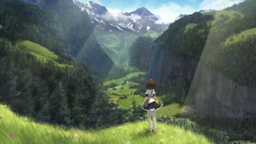 Anime Girl Overlooking a Lush Alpine Valley 4K Desktop Wallpaper