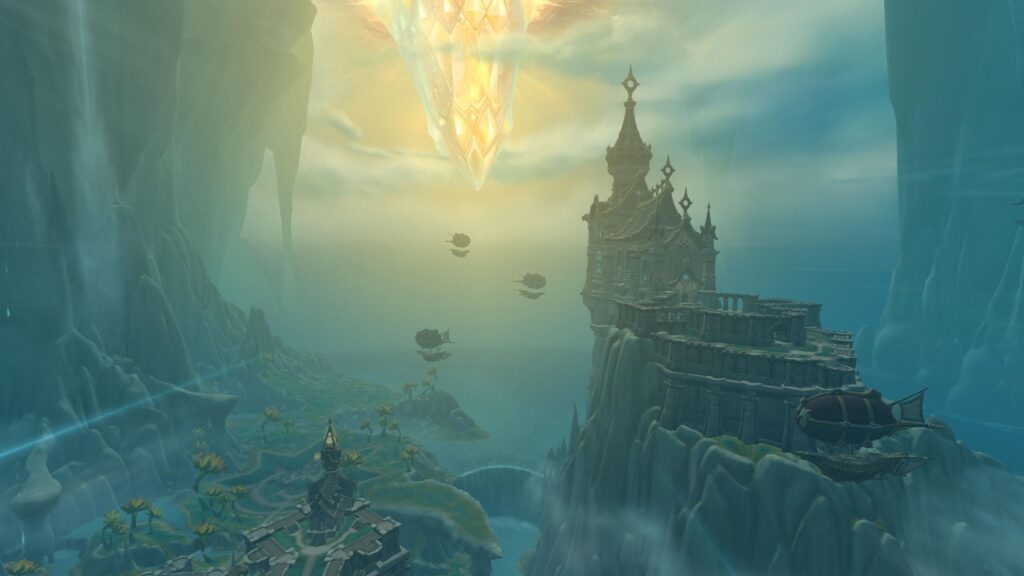 Fantasy Kingdom Castle with Floating Crystal and Airships Desktop Wallpaper