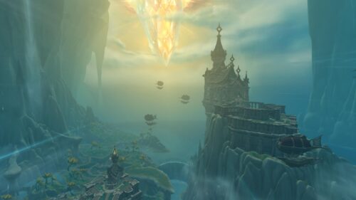 Fantasy Kingdom Castle with Floating Crystal and Airships Desktop Wallpaper
