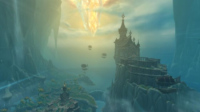 Fantasy Kingdom Castle with Floating Crystal and Airships Desktop Wallpaper