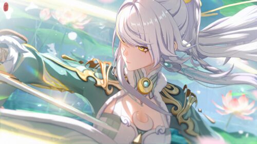 Stunning Anime Swordswoman in Lotus Pond 4K Desktop Wallpaper