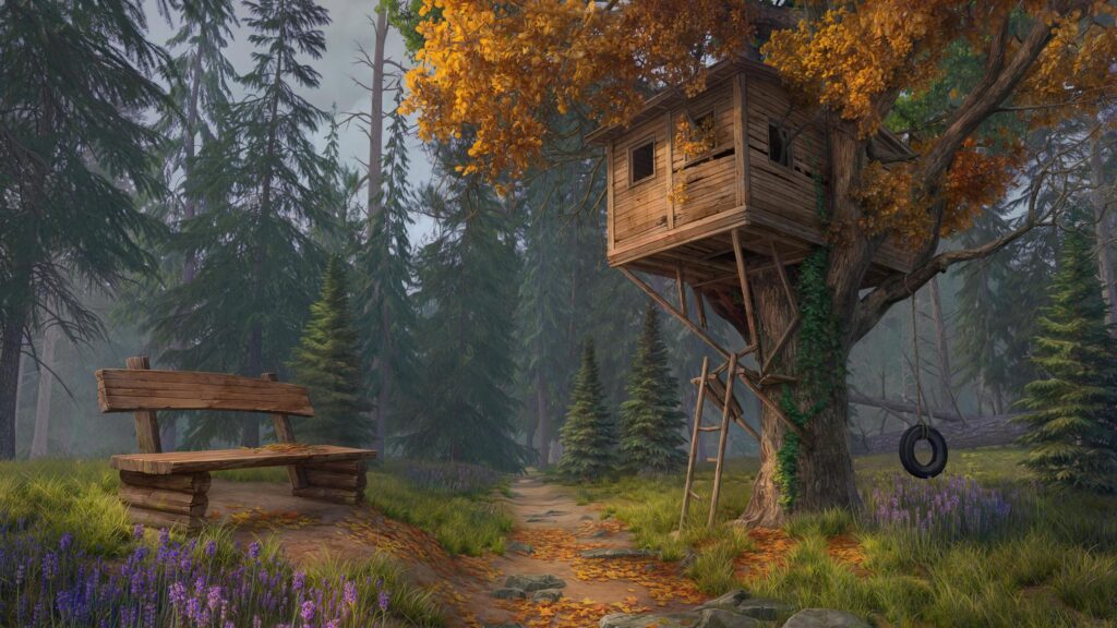 Rustic Treehouse in Enchanted Autumn Forest 4K Wallpaper