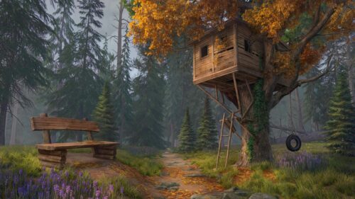 Rustic Treehouse in Enchanted Autumn Forest 4K Wallpaper