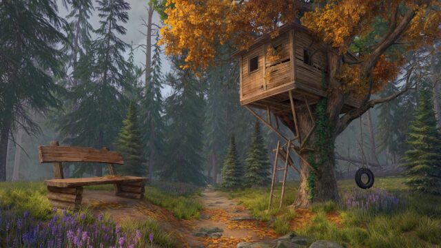 Rustic Treehouse in Enchanted Autumn Forest 4K Wallpaper
