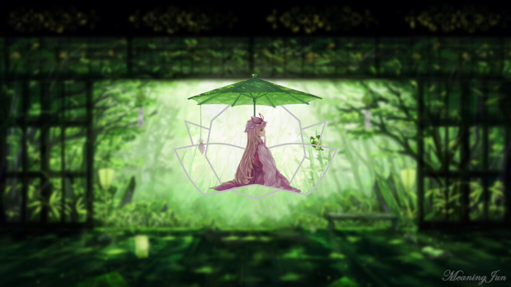 Anime Girl Under Green Umbrella in Serene Forest Desktop Wallpaper
