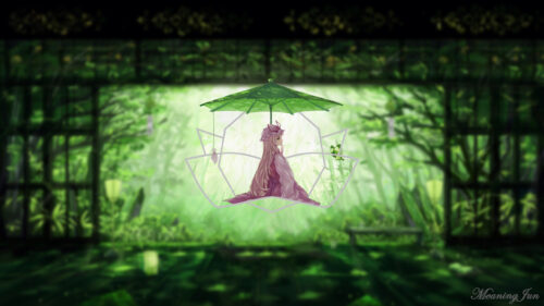 Anime Girl Under Green Umbrella in Serene Forest Desktop Wallpaper