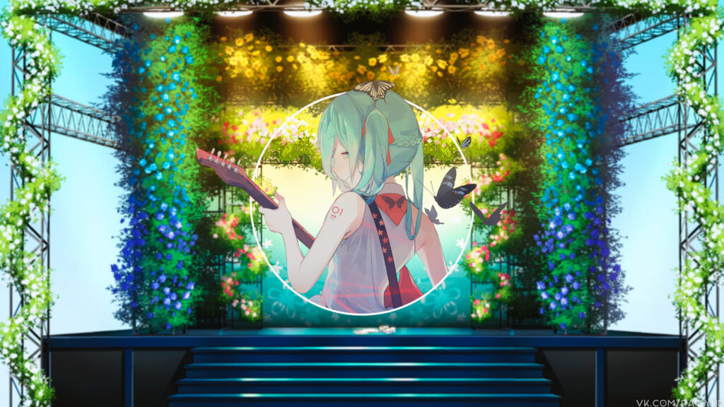 Hatsune Miku Guitar Performance Floral Stage 4K PC Wallpaper