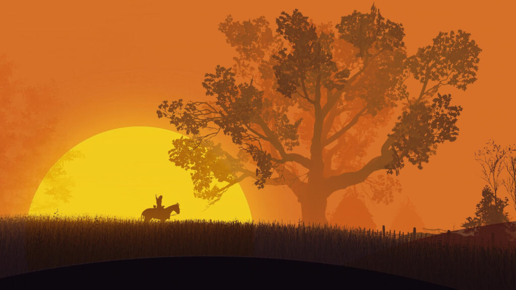 Silhouette Horse Rider Beneath a Majestic Golden Sunset Tree PC Wallpaper