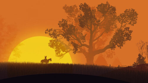 Silhouette Horse Rider Beneath a Majestic Golden Sunset Tree PC Wallpaper