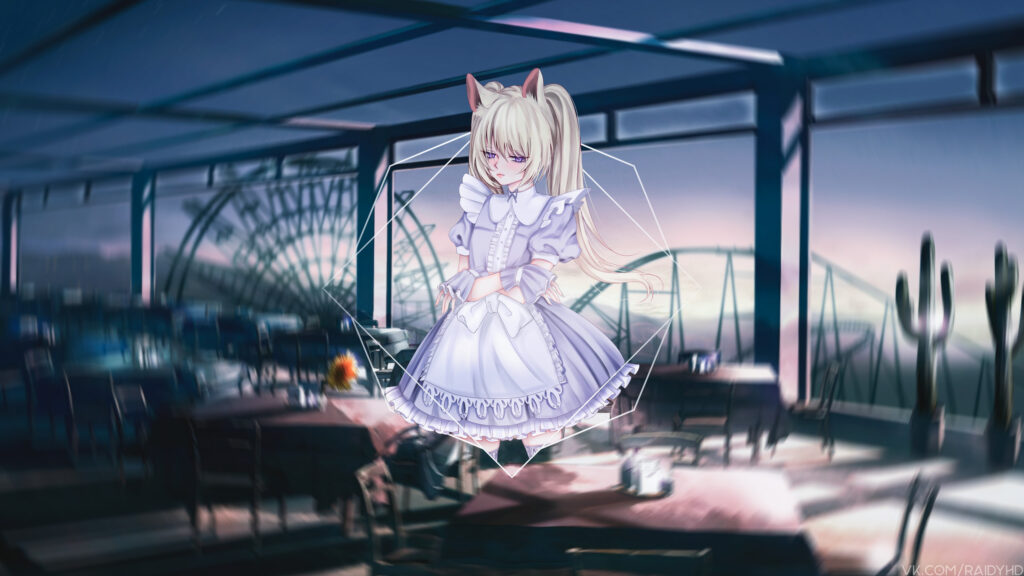 Anime Cat Girl in Lavender Maid Outfit at Twilight Restaurant Desktop Wallpaper
