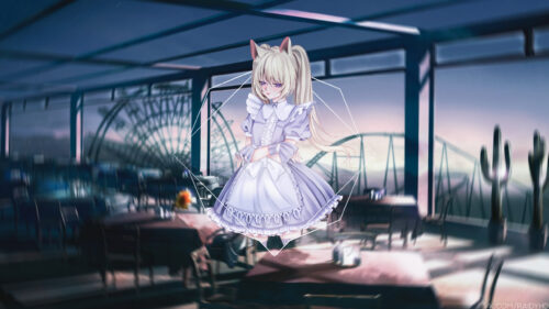 Anime Cat Girl in Lavender Maid Outfit at Twilight Restaurant Desktop Wallpaper