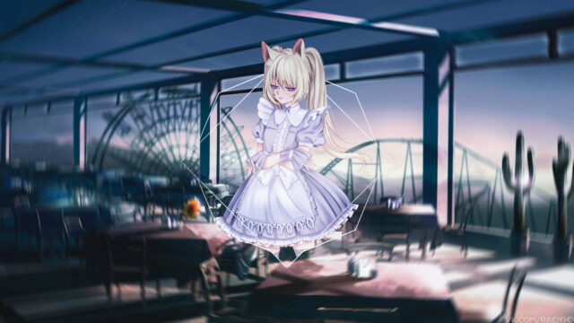 Anime Cat Girl in Lavender Maid Outfit at Twilight Restaurant Desktop Wallpaper