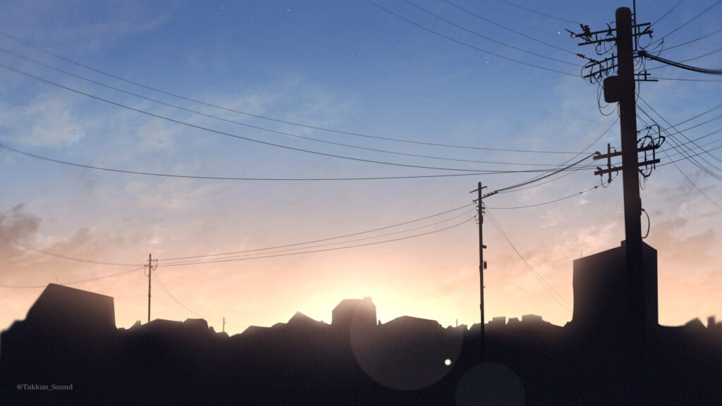 Minimalist Silhouette Cityscape at Twilight Anime Style Desktop Wallpaper
